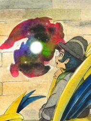  1boy black_hair brick_wall commentary cropped english_commentary grey_hat grey_jacket hat highres jacket male_focus mega_pokemon mega_skarmory mofinngram open_mouth painting_(medium) paxton_(pokemon) pokemon pokemon_legends:_z-a portal_(object) riding riding_pokemon short_hair skarmory traditional_media watercolor_(medium) 