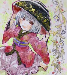  1girl absurdres barefoot blush bowl bowl_hat commentary_request flower frilled_skirt frills full_body hands_up hat highres iori_(akaringo) japanese_clothes kimono long_sleeves looking_at_viewer mini_person minigirl obi open_mouth photo_(medium) pink_skirt purple_hair purple_sash red_eyes red_kimono sash short_hair sitting skirt smile solo split_mouth sukuna_shinmyoumaru touhou traditional_media wariza white_flower wide_sleeves 