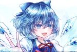  1girl :d blue_background blue_bow blue_dress blue_eyes blue_hair blue_theme bow cirno close-up commentary_request detached_wings dress hair_between_eyes hair_bow ice ice_wings neck_ribbon open_mouth pasumaro pinafore_dress puffy_short_sleeves puffy_sleeves red_ribbon ribbon shiny shiny_hair shirt short_hair short_sleeves smile solo touhou white_shirt wings 