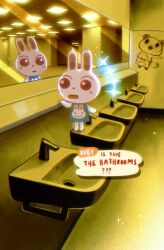  absurdres animal_crossing animal_print backrooms_(creepypasta) bathroom chibi chibi_only english_text freckles furry furry_female happi_115 highres looking_at_mirror mirror on_sink rabbit_girl rabbit_print red_eyes reflection ruby_(animal_crossing) tom_nook_(animal_crossing) video_game_dialogue_box white_fur yellow_theme 
