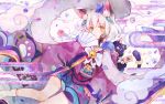  1girl animal_ears artist_request black_hair cat_ears cat_girl cat_tail fan_over_face hand_fan highres japanese_clothes kimono looking_at_viewer multicolored_hair nekomata_(onmyoji) official_art onmyoji second-party_source smile tail white_background white_hair yellow_eyes 