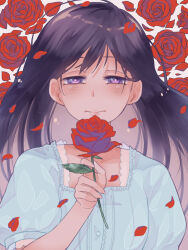  1girl black_eyes black_hair bright_pupils closed_mouth commentary_request dress english_commentary flower hair_behind_ear highres holding holding_flower long_hair looking_at_viewer mari_(faraway)_(omori) mari_(omori) maromichan mixed-language_commentary omori petals puffy_short_sleeves puffy_sleeves red_flower red_rose rose short_sleeves solo white_dress white_pupils 