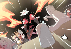  1boy 6+girls absurdres black_background black_horns black_shirt blonde_hair blue_archive chinese_commentary commentary_request crying doodle_sensei_(blue_archive) halo highres holding holding_kettle horns jinrou_mangfu junko_(blue_archive) kettle kokona_(blue_archive) long_hair missing_halo multiple_girls pleated_skirt red_hair red_skirt rumi_(blue_archive) sensei_(blue_archive) shigure_(kancolle) shirt simple_background skirt solo_focus surprised twintails white_hair yellow_halo 