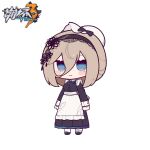 1girl alternate_costume aponia_(honkai_impact) apron bangs black_bow black_dress black_footwear black_hairband blue_ribbon blush_stickers bow breasts brown_hair chibi closed_mouth collared_dress copyright_name dress enmaided eta eyebrows_hidden_by_hair frilled_apron frills full_body hair_between_eyes hairband hat honkai_(series) honkai_impact_3rd juliet_sleeves long_hair long_sleeves looking_at_viewer maid mob_cap mole mole_under_eye neck_ribbon pantyhose pleated_dress puffy_sleeves ribbon shoes simple_background small_breasts smile solo standing waist_apron white_apron white_background white_headwear