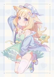  1girl animal_ear_fluff animal_ears blonde_hair blush cardigan commentary_request commission dress flat_chest frilled_thigh_strap full_body hat highres kise_itsuki long_hair looking_at_viewer mary_janes open_cardigan open_clothes original parted_lips shoes single_thighhigh skeb_commission solo thigh-highs thigh_strap violet_eyes 