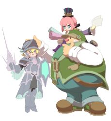  +_+ 3boys absurdres aqua_pants armor black_hat black_pants black_shirt blonde_hair blue_eyes breastplate brown_shoes closed_mouth commentary_request fat fat_man faulds gauntlets greaves green_jacket hat helmet highres holding holding_paper holding_polearm holding_shield holding_weapon jacket lance looking_at_another motimoti_mgmg multiple_boys no_lineart o_o ocean_prince otomo_(puyopuyo) pants paper parted_lips pauldrons pink_hair polearm purple_jacket puyopuyo puyopuyo_quest sabaton salde_canarl_shellbrick_iii salde_canarl_shellbrick_iii_(steam_city) shield shirt shoes shoulder_armor simple_background sitting sitting_on_shoulder sleeveless sleeveless_jacket standing sweatdrop tartar_(puyopuyo) tartar_(steam_city)_(puyopuyo) top_hat visor_(armor) visor_lift weapon white_background white_shirt 