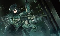  1girl absurdres ammunition_pouch angled_foregrip assault_rifle black_wings body_armor building carabiner climbing climbing_rope combat_helmet commentary commission english_commentary fast_helmet feathered_wings foregrip geissele_urg-i gun helmet highres holding holding_gun holding_rope holding_weapon load-bearing_vest low_wings m4_carbine maxturbo69 military_combat_uniform military_operator military_uniform optical_sight original police pouch rifle rope skyscraper solo staccato_2011 suppressor trigger_discipline weapon wings 