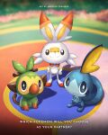  blue_eyes blurry bright_pupils closed_mouth commentary copyright_name day grookey hands_on_hips highres kelvin-trainerk no_humans outdoors own_hands_together pokemon pokemon_(creature) scorbunny smile sobble standing starter_pokemon_trio twitter_username white_pupils 