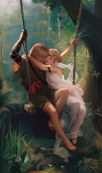  1boy 1girl absurdres armlet bare_legs barefoot blonde_hair braid couple crown_braid estellier fine_art_parody hands_on_another's_shoulder highres jewelry link looking_at_another on_swing parody pointy_ears princess_zelda springtime_(pierre_auguste_cot) swing sword sword_on_back the_legend_of_zelda the_legend_of_zelda:_tears_of_the_kingdom weapon weapon_on_back 