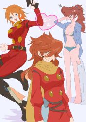  absurdres ahoge angry aqua_bikini aqua_eyes arm_behind_head arm_up bandaid belt bikini black_belt black_boots blue_eyes blue_sweater boots breasts brown_belt brown_hair buttons commentary_request cyborg cyborg_009 english_text flying full_body genderswap gun hair_over_one_eye hair_ribbon highres holding holding_gun holding_towel holding_weapon huge_breasts jet_link jewelry large_breasts large_nose light_blush light_smile looking_at_viewer medium_breasts military_uniform multicolored_bikini nocoya open_mouth pants ponytail red_pants red_suit ribbon scar scar_on_hip scarf short_hair small_breasts smiley_face soldier spiky_hair suit sweat sweater swimsuit towel tsundere upper_body weapon white_bikini wide_hips yellow_scarf 
