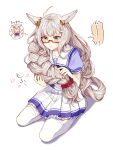  1girl ahoge animal_ears bangs biwa_hayahide_(umamusume) braid braided_ponytail closed_mouth full_body glasses grey_hair hair_ornament hair_scrunchie highres horse_ears horse_girl horse_tail jugemu_(qqkyon) lips long_hair puffy_short_sleeves puffy_sleeves purple_shirt sailor_collar school_uniform scrunchie seiza semi-rimless_eyewear shirt short_sleeves simple_background sitting skirt solo speech_bubble sweatdrop tail thought_bubble tracen_school_uniform umamusume very_long_hair white_background white_skirt yellow_eyes 