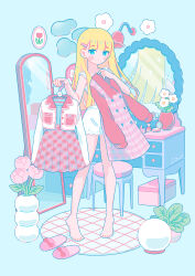  1girl absurdres barefoot blonde_hair blue_background blue_eyes blunt_bangs blush_stickers buttons chest_of_drawers closed_mouth clothes_hanger commentary_request dot_nose double-breasted dress flower full_body hair_ornament hairclip highres hiro046k holding holding_clothes_hanger holding_unworn_clothes holding_unworn_dress jacket long_hair mirror open_clothes open_jacket original pink_dress pink_flower pink_slippers pink_tulip plaid_clothes plaid_dress plaid_skirt plant pleated_skirt potted_plant red_skirt skirt slippers solo standing tulip unworn_dress unworn_slippers white_jacket 