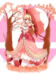  1girl blonde_hair blue_eyes cherry_blossoms crown dress elbow_gloves full_body gloves hair_between_eyes highres holding holding_umbrella long_dress long_hair looking_at_viewer mini_crown ornate_clothes parasol pink_dress princess_peach puffy_short_sleeves puffy_sleeves short_sleeves smile softp3ach solo super_mario_bros. tree umbrella white_gloves 