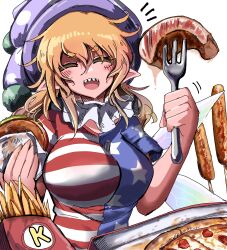  1girl :d absurdres alternate_breast_size_(larger) american_flag american_flag_print american_flag_shirt blonde_hair blush breasts burger closed_eyes clownpiece commentary_request corn_dog eye20806972 facing_viewer fairy_wings flag_print food food_focus fork french_fries hair_between_eyes happy hat highres holding holding_burger holding_food holding_fork jester_cap large_breasts long_hair motion_lines neck_ruff notice_lines open_mouth pepperoni pepperoni_pizza pizza pointy_ears polka_dot polka_dot_headwear pom_pom_(clothes) print_shirt purple_hat sharp_teeth shirt short_sleeves sidelocks simple_background smile solo split_mouth star_(symbol) star_print steak teeth touhou upper_body white_background wings 