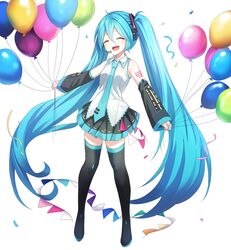  1girl :d absurdres balloon bangs black_skirt black_thighhighs blue_hair blue_necktie detached_sleeves facing_viewer full_body hatsune_miku headset highres ille_(xcpa7325) long_hair necktie number_tattoo open_mouth shirt simple_background skirt smile solo tattoo thigh-highs very_long_hair vocaloid white_background white_shirt 