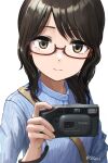  1girl 8sets artist_name bangs black_hair blue_shirt brown_eyes camera canon_(company) closed_mouth highres holding holding_camera long_sleeves looking_at_viewer medium_hair original shirt simple_background smile solo twitter_username upper_body watermark white_background 