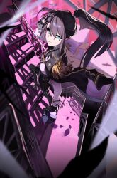  1girl amaya_tsubame black_hair blue_eyes footprints gakuen_idolmaster hand_on_own_head high_heels highres holding holding_megaphone idolmaster jacket jacket_on_shoulders long_hair long_sleeves megaphone mole mole_under_eye nocturnummapo parted_lips ponytail solo stairs swept_bangs 