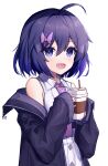  1girl 9malefi9 :d absurdres ahoge black_hair blue_eyes blush bronya_zaychik commentary_request cup disposable_cup drill_hair grey_eyes hair_ornament highres holding holding_cup honkai_(series) honkai_impact_3rd jacket jitome necktie open_clothes open_jacket purple_necktie seele_vollerei short_hair sleeves_past_wrists smile solo twin_drills wing_collar 