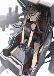  1girl absurdres akemiya_genma armlet bare_shoulders blue_eyes brown_hair child cockpit from_above full_body gloves highres jewelry leotard looking_at_viewer one_side_up open_cockpit original science_fiction shoes short_hair sitting smile solo 