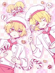  >_< 1boy 1girl ? acharlotte_0214 apron blonde_hair blush_stickers bowl checkerboard_cookie checkered_background chef_hat chibi chibi_inset chinese_commentary commentary_request cookie don_quixote_(project_moon) drop_shadow food food_on_face fork hat highres holding holding_fork holding_pastry_bag holding_whisk limbus_company lying necktie on_back one_eye_closed outline pastry_bag pink_background polka_dot project_moon pudding red_apron red_necktie short_hair sinclair_(project_moon) spoken_question_mark spoken_sparkle upper_body waist_apron whisk white_background yellow_background yellow_eyes 