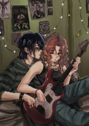  2girls 6-string_bass_guitar bare_arms bass_guitar black_hair black_pants black_sweater black_tank_top brown_hair commentary english_commentary expressionless extended_range_bass_guitar guitar highres indoors instrument kininatteru_hito_ga_otoko_ja_nakatta koga_mitsuki komiumee long_hair looking_at_another multiple_girls one_eye_closed oosawa_aya pants parted_lips playing_guitar playing_instrument poster_(object) profile short_hair sitting sitting_on_lap sitting_on_person slice_of_life string_of_light_bulbs striped_clothes striped_sweater sweater tank_top three-quarter_sleeves twitter_username wavy_hair yuri 