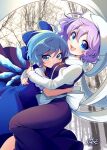  2girls :d ahoge apron back_bow bad_id bangs blue_bow blue_dress blue_hair blush bow cirno closed_mouth collared_shirt commentary dress emoriza feet_out_of_frame hair_bow hat highres hug ice ice_wings juliet_sleeves letty_whiterock long_sleeves looking_at_viewer medium_hair mob_cap multiple_girls open_mouth photo_background pout puffy_sleeves purple_dress purple_hair red_ribbon ribbon scarf shirt short_sleeves signature smile touhou trident_ornament turtleneck twitter_username v-shaped_eyebrows white_apron white_headwear white_scarf white_shirt wings winter 
