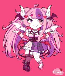  1girl ahoge asymmetrical_legwear averting_eyes black_boots boots chibi choker demon_girl demon_horns demon_wings fang hair_ornament head_wings heart heart_ahoge heart_hair_ornament heart_o-ring heart_ring_choker heterochromia highres horns ironmouse ironmouse_(15th_costume) long_hair looking_at_viewer mismatched_legwear multicolored_hair multiple_wings o-ring o-ring_choker pink_background pink_choker pink_hair pink_shoes pointy_ears purple_hair purple_streaks red_eyes shoes skirt smile spiked_choker spikes streaked_hair tadacharly twintails violet_eyes virtual_youtuber vshojo white_horns wings 