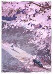  2boys artist_name black_hair black_pants border cherry_blossoms copyright_request flower from_above ground_vehicle highres morncolour motor_vehicle motorcycle multiple_boys pants pink_flower running scenery shadow shirt shoes short_hair tree white_border white_shirt 