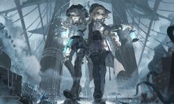  2girls :o alternate_costume ascot ball bicorne black_hat black_leg_warmers black_shorts blue_eyes boots brown_boots brown_coat chinese_commentary coat commentary_request crystal_ball full_body green_eyes grey_sky hat highres holding holding_ball lace-up_boots lantern leg_warmers long_hair looking_at_viewer matilda_bouanich medium_hair miniskirt multiple_girls on_ship one_side_up overcast pointing rain red_skirt reverse:1999 sail sailing_ship shirt shorts shroud_(sailing) skirt sky sonetto_(reverse:1999) tangfenjingbeiduizhang thigh_boots walking white_ascot white_shirt 