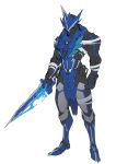  1boy absurdres armor armored_boots black_armor blue_armor blue_footwear bodysuit book boots catball1994 full_body glowing glowing_eyes highres kamen_rider kamen_rider_blades kamen_rider_saber_(series) knight lion lion_senki sheath suiseiken_nagare water 