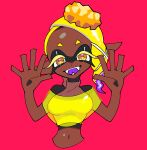  1girl :d bare_shoulders blonde_hair breasts colored_eyelashes crop_top cross-shaped_pupils dark-skinned_female dark_skin fangs food food_on_head forehead frye_(splatoon) hands_up kureson_(hayama_baa) long_hair looking_at_viewer medium_breasts multicolored_hair navel object_on_head open_mouth pink_background pointy_ears poncho purple_hair see-through simple_background sleeveless smile solo splatoon_(series) splatoon_3 teeth tempura tentacle_hair turtleneck turtleneck_crop_top two-tone_hair yellow_crop_top yellow_eyes 