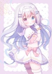  1girl :o blue_eyes blush border bow commentary_request constellation_hair_ornament cowboy_shot crop_top cropped_shirt frilled_thigh_strap gemini_(constellation) hair_bow hanasakichu heterochromia highres long_hair looking_at_viewer open_mouth original outside_border own_hands_together pink_border pink_bow pink_eyes purple_hair shirt short_sleeves sidelocks single_thighhigh skirt skirt_bow solo thigh-highs thigh_strap white_background white_shirt white_thighhighs 