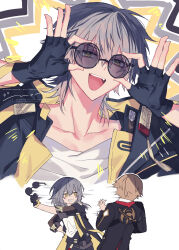  2boys arm_up badge bare_shoulders belt black-framed_eyewear black_belt black_gloves black_jacket black_skirt blush_stickers breasts brown-tinted_eyewear brown_eyes brown_hair caelus_(honkai:_star_rail) clenched_hand collarbone commentary_request cowboy_shot dual_persona fangs fingerless_gloves fingernails floating_hair from_behind gloves grey_hair hair_between_eyes hand_on_own_hip hand_up hands_up highres holding holding_removed_eyewear honkai:_star_rail honkai_(series) hood hooded_jacket jacket lapels long_hair long_sleeves looking_at_another looking_at_viewer male_focus medium_breasts miniskirt mogi_(green_tea_planet) motion_lines multiple_belts multiple_boys off-shoulder_shirt off_shoulder open_clothes open_jacket shirt short_hair sidelocks signature simple_background skirt skott_(honkai:_star_rail) smile standing stelle_(honkai:_star_rail) sunglasses t-shirt tassel teeth tinted_eyewear tongue trailblazer_(honkai:_star_rail) two-sided_fabric two-sided_jacket unworn_eyewear upper_body v-shaped_eyebrows watermark white_background white_shirt yellow_jacket 
