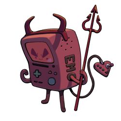  1other adventure_time alternate_color bmo demon_costume discount-supervillain evil_smile fake_horns full_body furrowed_brow headband horns pendleton_ward_(style) pitchfork smile solo standing tail thick_eyebrows toon_(style) 