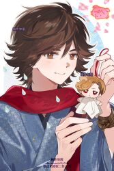  1boy animalization animification ankh_(ooo) brown_eyes brown_hair character_doll commentary curtained_hair dog doll hand_up hands_up highres hino_eiji holding kamen_rider kamen_rider_ooo_(series) kei_(momojellyfish) long_hair looking_at_viewer male_focus red_eyes short_hair smile solo twitter_username untranslatable_commentary upper_body very_long_hair watermark 