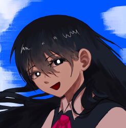 1girl black_hair blue_sky clouds commentary_request kandiappey looking_at_viewer mari_(faraway)_(omori) mari_(omori) neckerchief omori open_mouth red_neckerchief sky smile solo 