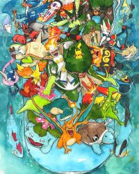  :3 aqua_eyes arms_behind_head black_sclera blastoise blaziken blue_eyes bright_pupils cannon charizard chesnaught cinderace claws closed_eyes colored_sclera commentary decidueye delphox dot_nose dragon dragon_wings emboar empoleon english_commentary everyone fangs feraligatr fire fire_bird_(skeledirge) flame-tipped_tail flower from_above green_eyes greninja highres incineroar index_finger_raised infernape inteleon leaf looking_up lying meganium meowscarada mofinngram nostrils on_back on_stomach open_mouth orange_eyes painting_(medium) pikachu pokemon pokemon_(creature) pokemon_focus primarina quaquaval red_eyes riding riding_pokemon rillaboom samurott sceptile serperior sitting skeledirge sleeping smile spikes standing swampert swimming tail torterra traditional_media typhlosion venusaur wailord water watercolor_(medium) white_pupils wings yellow_eyes yellow_sclera 