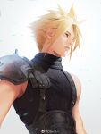  1boy aqua_eyes armor bare_shoulders blonde_hair blue_eyes closed_mouth cloud_strife earrings final_fantasy final_fantasy_vii frown highres jewelry looking_away male_focus motion_blur oten pauldrons ribbed_sweater screw shoulder_armor simple_background sleeveless sleeveless_sweater sleeveless_turtleneck solo spiky_hair stud_earrings sweater toned toned_male turtleneck upper_body weibo_logo weibo_username white_background 
