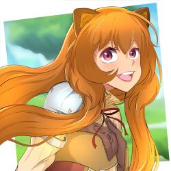  1girl :d animal_ear_fluff animal_ears armor blue_sky blurry blurry_background border breastplate breasts brown_armor brown_hair clouds cloudy_sky collared_dress commentary day dress english_commentary firekeeper_8 floating_hair from_side gauntlets grey_armor hair_between_eyes hand_on_own_chest high_collar highres leather_armor long_hair long_sleeves looking_at_viewer looking_to_the_side medium_breasts metal_arm_cuffs neck_ribbon outdoors outside_border pauldrons pinstripe_dress pinstripe_pattern raccoon_ears raccoon_girl raphtalia red_dress red_eyes red_ribbon ribbon shoulder_armor single_pauldron sky sleeveless sleeveless_dress smile solo straight_hair tanuki tate_no_yuusha_no_nariagari teeth tongue tree upper_body upper_teeth_only white_border white_dress yellow_trim 