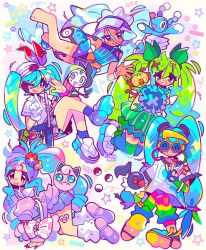 5girls aqua_eyes aqua_hair bag bandaid blue-tinted_eyewear blue_eyes blue_hair brionne cardigan chatot cheerleader choker collared_sweater dive_ball fairy_miku_(project_voltage) flower gloves grass_miku_(project_voltage) green_eyes green_hair green_skirt grookey hair_ornament hair_through_headwear hat hatsune_miku headphones heart heart-shaped_bandaid heart_choker highres holding holding_pom_poms jack0ran jigglypuff loose_socks meloetta meloetta_(aria) monkey multicolored_pants multiple_girls multiple_persona musical_note musical_note_hair_ornament neckerchief normal_miku_(project_voltage) pants paw_print pink_cardigan pink_choker pink_nails pink_shoes pink_sweater poke_ball poke_ball_(basic) poke_ball_print pokemon pokemon_(creature) polo_shirt pom_pom_(cheerleading) print_swimsuit project_voltage psychic_miku_(project_voltage) scrunchie sea_lion shoes shoulder_bag single_glove skirt socks star_(symbol) sticker_on_leg sunglasses sweater swimsuit tan tanlines tinted_eyewear visor_cap vocaloid water_miku_(project_voltage) white_hat white_neckerchief wrist_scrunchie yellow-framed_eyewear yellow_flower 