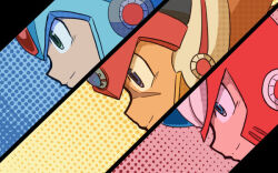  3boys android axl_(mega_man) blue_eyes closed_mouth commentary_request cross_scar facial_mark forehead_jewel green_eyes mega_man_(series) mega_man_x_(series) multiple_boys polka_dot polka_dot_background robot robot_ears scar smile user_kcpu2747 x_(mega_man) zero_(mega_man) 