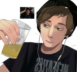  1boy asymmetrical_bangs beanie black_hat black_shirt blue_eyes brown_hair closed_eyes clothes_writing colored_sclera cup drink earphones eyelashes glass goodfolk2 green_sclera hand_up hands_on_own_head hat highres holding holding_cup holding_drink lips looking_at_object male_focus nostrils open_mouth photo_inset randy_stair real_life shirt side_part simple_background solo swept_bangs t-shirt teeth true_crime white_background wire 