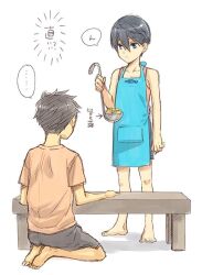  ... 2boys aged_down apron barefoot black_hair blue_apron commentary_request free! full_body holding holding_ladle jammers ladle male_focus male_swimwear multiple_boys nanase_haruka_(free!) seiza shirt short_hair short_sleeves shorts simple_background sitting speech_bubble spoken_ellipsis standing table takagi_takumi tank_top white_background yamazaki_sousuke 