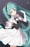  1girl absurdres aqua_eyes aqua_hair bangs bare_shoulders bow bowtie gloves hair_ornament hatsune_miku highres long_hair looking_at_viewer miku_symphony_(vocaloid) outstretched_arm smile taccho twintails very_long_hair vocaloid 