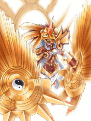  1girl alt_text amaterasumon animal_helmet bodysuit claw_(weapon) closed_mouth colored_skin commentary curled_ends digimon digimon_(creature) english_commentary gauntlets gift_art grey_hair halo halo_behind_head highres horns lion_head_(ornament) long_hair looking_at_viewer morgannox red_bodysuit red_eyes red_skin sidelocks simple_background single_horn smile solo very_long_hair weapon white_background yin_yang 