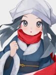  1girl absurdres akari_(pokemon) black_hair black_sash black_shirt clenched_hand commentary_request eyelashes grey_eyes grey_jacket hand_up head_scarf highres jacket looking_at_viewer mitsuki_(hzwn8777) pokemon pokemon_(game) pokemon_legends:_arceus ponytail red_scarf sash scarf shirt sidelocks simple_background solo upper_body white_background white_headwear 
