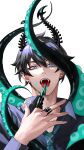  1boy absurdres asymmetrical_horns black_hair black_shirt blue_eyes chenirin2 claw_ring demon_horns ear_piercing fangs hand_up highres horns jewelry licking licking_finger looking_at_viewer male_focus multiple_rings necktie nijisanji nijisanji_en piercing ren_zotto ring shirt simple_background solo tentacles tongue tongue_out virtual_youtuber white_background 