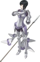  1girl armor black_hair breastplate breasts fire_emblem fire_emblem_awakening full_body grey_armor highres kjelle_(fire_emblem) kozaki_yuusuke lance leg_armor long_sleeves looking_to_the_side medium_breasts official_art pants polearm purple_pants purple_shirt shirt shoes short_hair solo transparent_background weapon white_shoes 