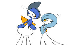  1boy 1girl alternate_color arm_behind_back blue_hair blue_skin bob_cut bowing butler_bowing closed_mouth colored_skin commentary_request couple eye_contact flat_chest flat_color flying_sweatdrops from_side gallade gardevoir grey_hair half-closed_eyes hand_on_own_chest hand_up happy leaning_forward looking_at_another mohawk monya motion_lines multicolored_hair multicolored_skin nervous orange_eyes pokemon pokemon_(creature) profile shiny_pokemon short_hair simple_background sketch smile standing two-tone_hair two-tone_skin white_background white_skin 