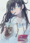  1girl artist_name black_hair blue_eyes blush cup drawstring drinking_straw highres holding holding_cup hood hood_down hoodie long_hair original parted_lips potg_(piotegu) shadow signature solo upper_body white_hoodie 